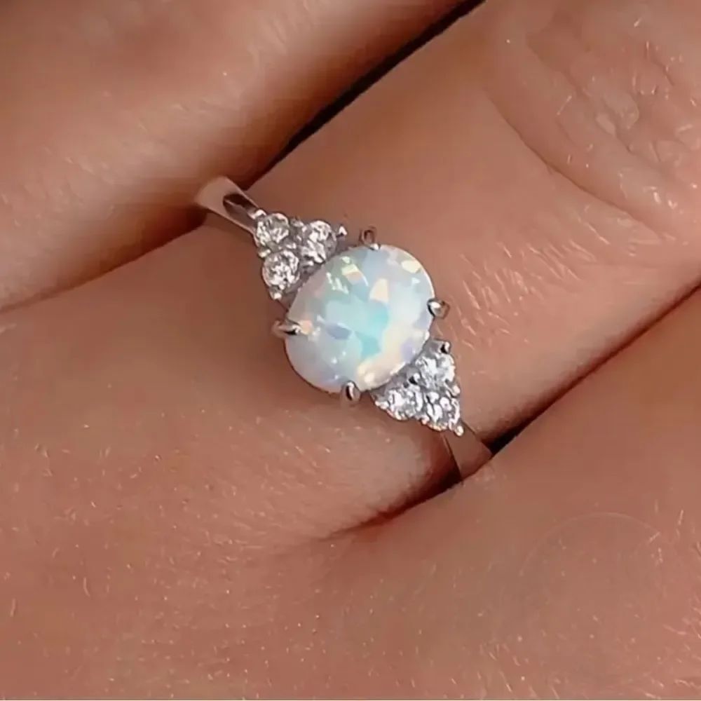 Opal Cubic Zirconia Silver Tone Ring Size Size 6